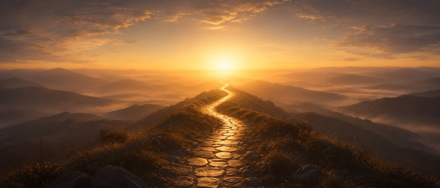Golden winding stone path through mountains leading toward a sunrise